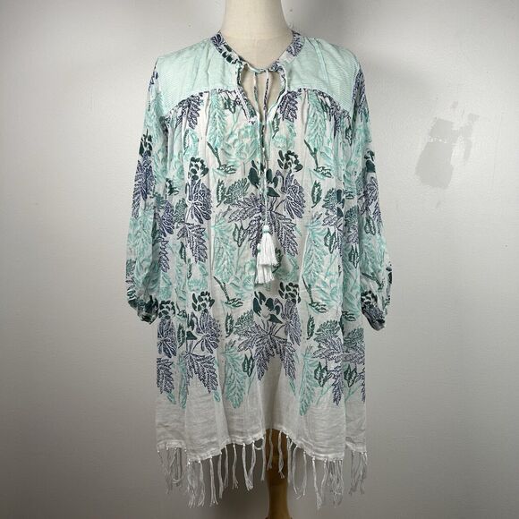 Roberta Roller Rabbit Serafina Tunic Large Blue Green Lightweight Beach Fringe - Picture 1 of 8